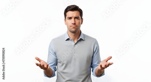 A man with dark hair, wearing a light blue shirt, stands with his arms outstretched, looking confused or uncertain, against a plain white background.