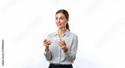 A businesswoman in a gray blouse and black pants holds a transparent tablet with a holographic image of a car on it.