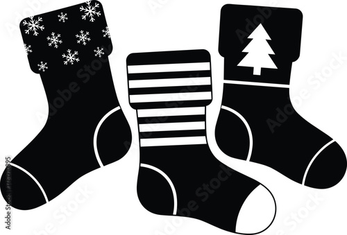 Christmas stockings illustration, black and white festive holiday decor, snowflake pattern, striped design, pine tree silhouette, seasonal decoration art