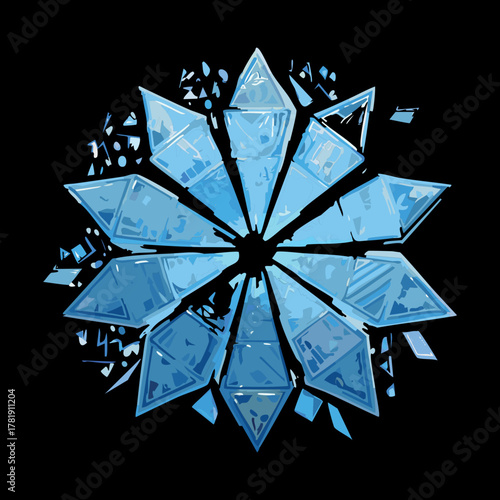 Illustration of a shattered blue crystal disc breaking into sharp shards, dynamic magic explosion or destruction effect element