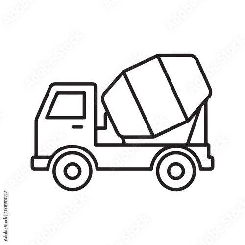 Concrete mixer truck line icon. Construction machinery symbol. Cement vehicle for building site. Heavy industrial transport outline vector illustration.
