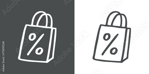 Logo con bolsa de la compra de papel con símbolo tanto por ciento con líneas 