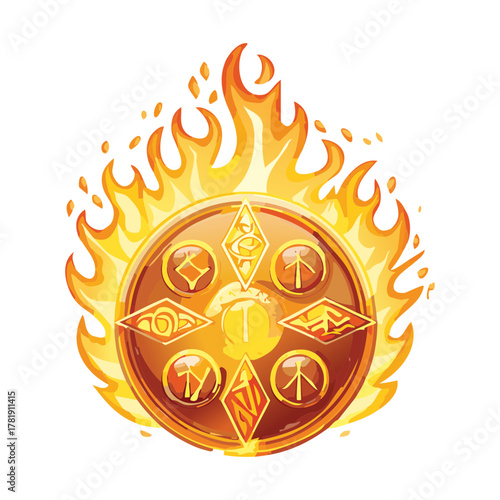 Illustration of a glowing magical fire emblem, featuring a golden mystic symbol inside a blazing ring of hot flame, dynamic fantasy design