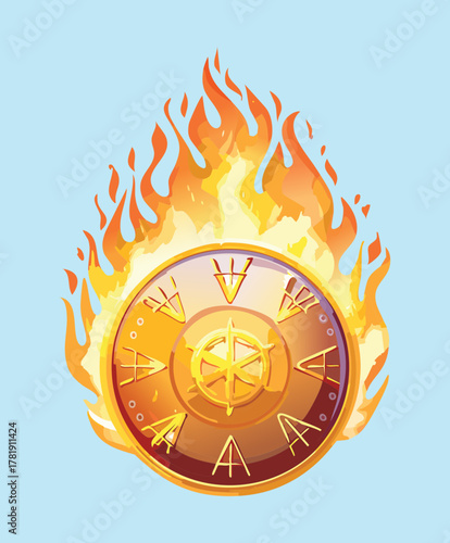 Illustration of a bright fire ring with an ornate golden zodiac or celestial clock symbol inside, powerful elemental magic emblem design