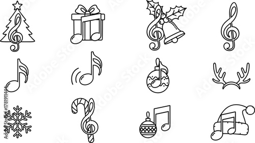 Christmas music icons, festive musical notes, holiday melody clipart, winter carol symbols, treble clef Christmas decorations, seasonal vector illustration, outline art, joyful sound design