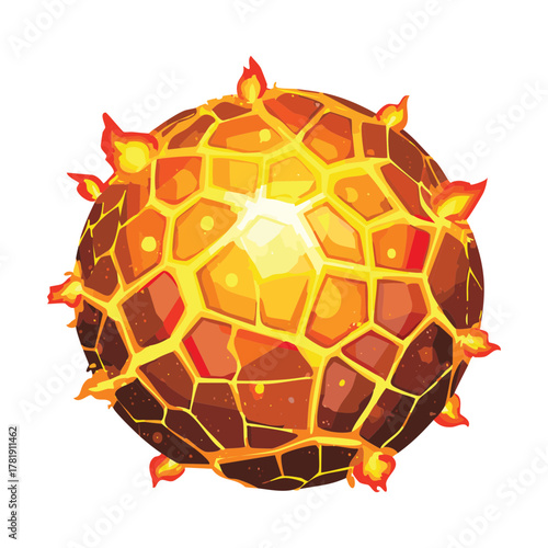 Illustration of a glowing red-orange volcano textured sphere with fractured rock surface, abstract magic element or world design