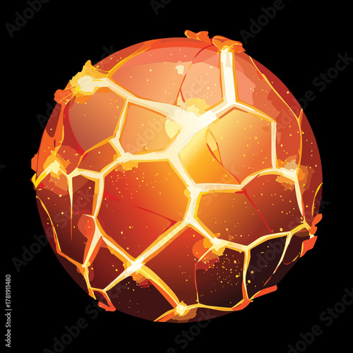 Illustration of a fiery cracked molten lava sphere or planet with glowing orange magma inside, fantasy game element design