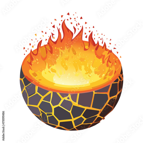 Illustration of an explosive cracked rock fire pit with intense heat and orange flames, volcanic game terrain hazard asset