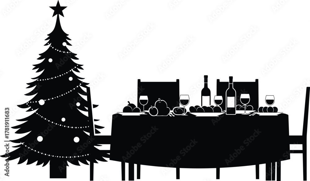 Naklejka premium Christmas celebration dining table, festive holiday dinner, decorated Christmas tree, family gathering, wine glasses, food feast, seasonal party, winter celebration