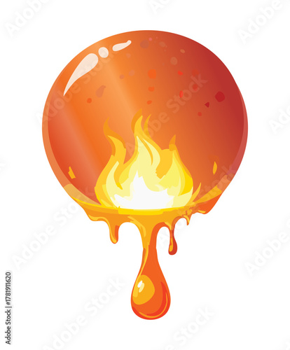Illustration of a melting orange planet with dripping lava and a central fire ring, fantasy molten cosmic element or orb design