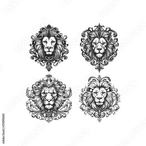 Set of four majestic illustrations featuring detailed lion heads surrounded by elaborate baroque and vintage ornamental elements, styled as ornate crests or emblems