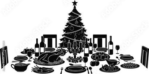 Christmas dinner celebration, holiday feast table, roasted turkey, festive family gathering, decorated Christmas tree, wine glasses, candles, fruits, desserts, vegetables