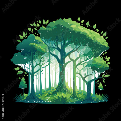 Illustration of a majestic glowing fantasy tree with dense green canopy and magical light source, enchanted forest element