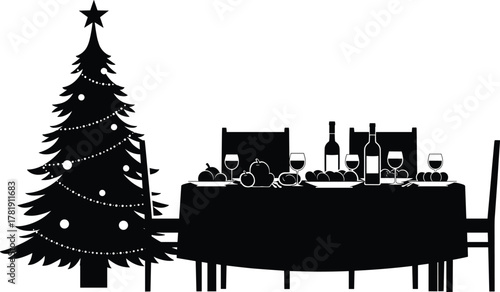 Christmas celebration dining table, festive holiday dinner, decorated Christmas tree, family gathering, wine glasses, food feast, seasonal party, winter celebration