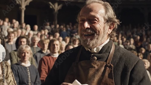 A large crowd fills an ancient theater as performers take the stage. Faces show excitement and joy as the atmosphere brims with anticipation and delight. Laughter fills the air.