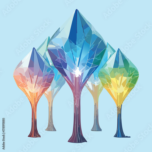 Abstract Watercolor Illustration of Crystalline Trees with Warm Orange and Yellow Tones Representing an Elemental Forest