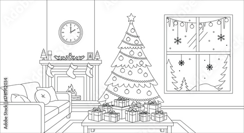 Christmas living room interior, holiday fireplace with stockings, decorated tree, cozy winter home, festive gifts, snow window scene, seasonal celebration