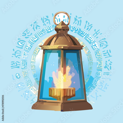 Vintage Brass Lantern Surrounded by Celestial Script and Ancient Symbols Light Mystical