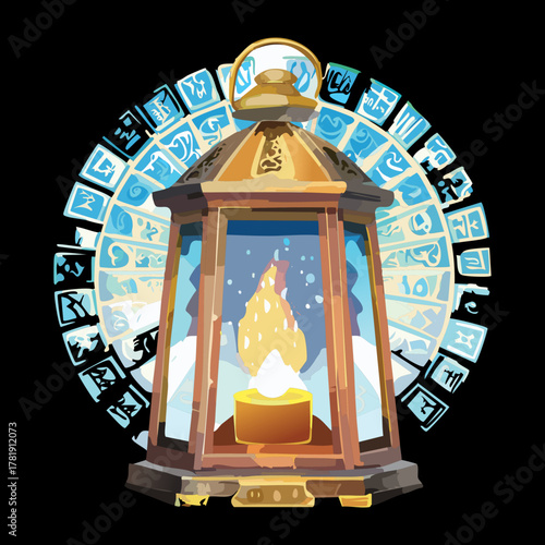 Mysterious Lantern Design with Ancient Symbols and Intricate Geometric Patterns Light