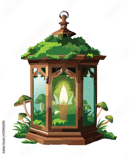 Magical Wooden Gazebo Lantern with Green Leaves and Small Glowing House Interior Light