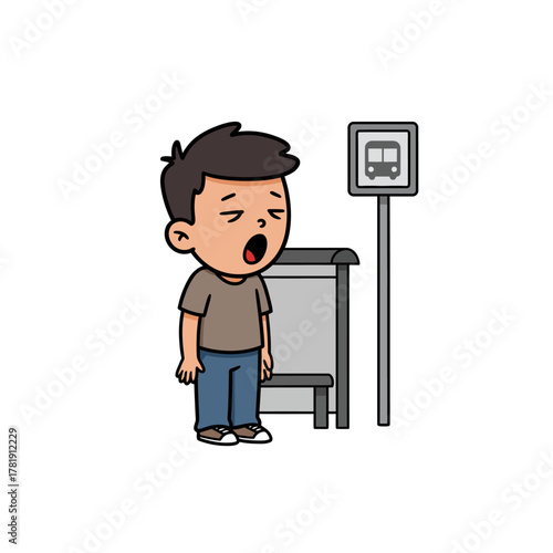 Yawning Boy at Bus Stop Cartoon Style Illustration.