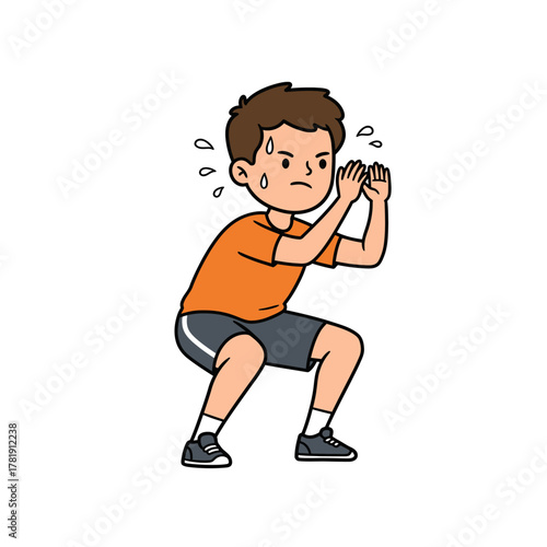 Young athletic boy in a squat pose sweating during an intense workout cartoon style.