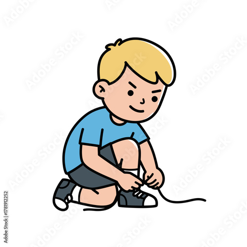 Young blonde boy in a blue shirt kneels to tie his shoelaces cartoon character illustration.