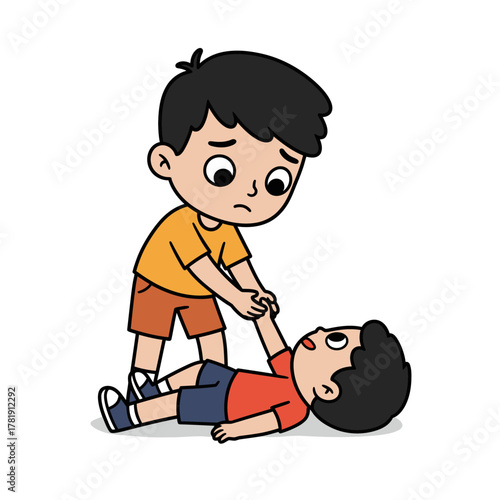 Worried cartoon boy in an orange shirt helping a fallen friend get up from the ground.