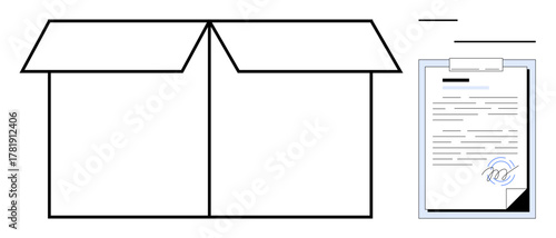 Open cardboard box next to a signed document on clipboard. Ideal for shipping, storage, authorization, packaging, delivery, commerce, logistics. Simple flat metaphor