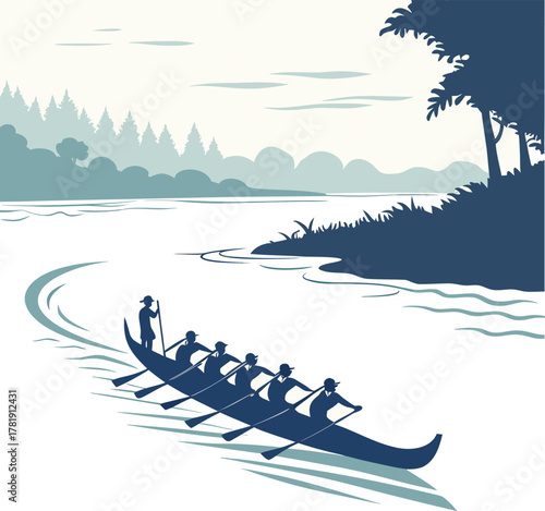 group of people rowing boat on river with trees and cloudy sky in peaceful nature scene