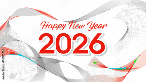 Celebrate the arrival of the new year 2026 with festive abstract ribbons and bold typography