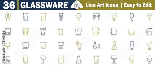 Elegant Glassware Line Icons Collection: Diverse Drinkware Set Featuring Stemware, Tumblers, and Scientific Beakers for Beverages and Laboratory Liquids vector illustration. 