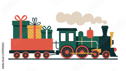 Holiday Express: A vintage train, laden with beautifully wrapped gifts, chugs along, puffing out a cloud of steam. This festive scene perfectly captures the spirit of the holidays, filled with joy.