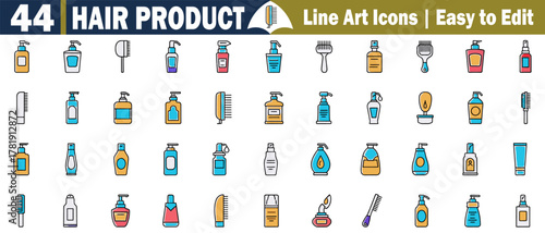 Hair Product Line Art Icons: Professional Beauty, Cosmetics, Care Items for Styling, Shampoo, Treatment, Conditioner, Accessories, and Tools Illustrations.