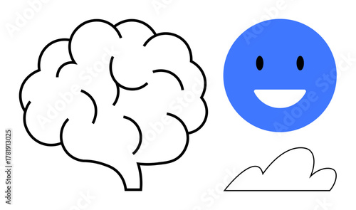 Brain, smiling face, and cloud suggest balance of intellect, optimism, and creativity. Ideal for psychology, wellness, mindset education brainstorming mental health and mindfulness themes. Simple