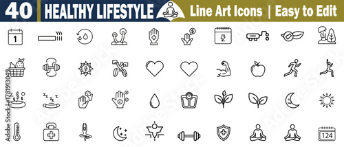 Healthy Lifestyle Icons Set. Vector Line Art Collection Wellness, Sport Nutrition, Fitness, Healthcare, Activity, Editable Stroke Pictogram.