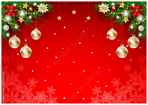 クリスマス背景、雪の結晶、赤、オーナメント、かわいい、イラスト、横