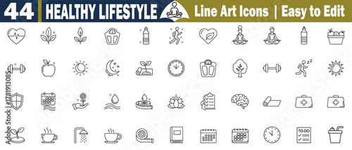 Healthy Lifestyle Icons Vector. Line Art Collection Wellness, Sport Nutrition, Fitness, Diet, Healthcare, Activity, Editable Stroke Pictogram.