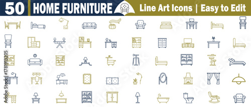 Home Furniture Vector Icons Set: Minimalist Line Art Collection for Interior Design and Home Staging. Customizable elements. 
