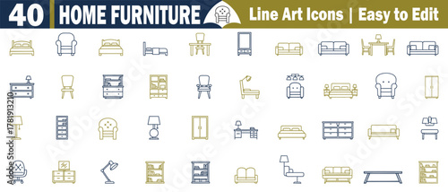 Home Furniture Vector Icons Set: Modern Living Line Art Symbol Collection for Interior Design, and Home Decor Projects Customize Easily illustration. 