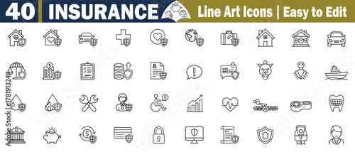 Insurance Line Art Icons Vector Set: Protecting Home, Car, Health, Life, Travel, Finances, and More With Shield Isolated On Transparent Background,