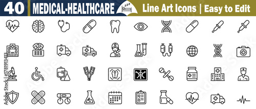 Medical Healthcare Vector Icons Set. Heartbeat, Brain, Stethoscope, Pill, Tooth, Eye, DNA, Microscope, Hospital, Ambulance, Doctor, Medicine, Health, Aid illustration. 
