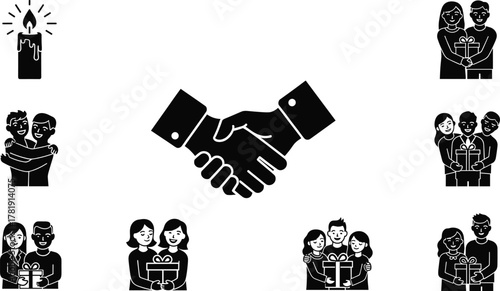 Unity handshake partnership celebration, people exchanging gifts, family togetherness, friendship support, holiday candlelight, community bonding, generosity, festive love, cooperation