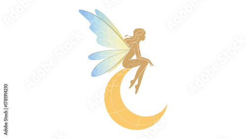 Enchanting Silhouette: A delicate fairy, with translucent wings and serene poise, sits gracefully upon a golden crescent moon, its form a testament to ethereal beauty and timeless magic. 