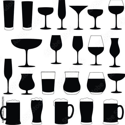 Assortment of black silhouette drinking glasses and mugs on a white background beer wine