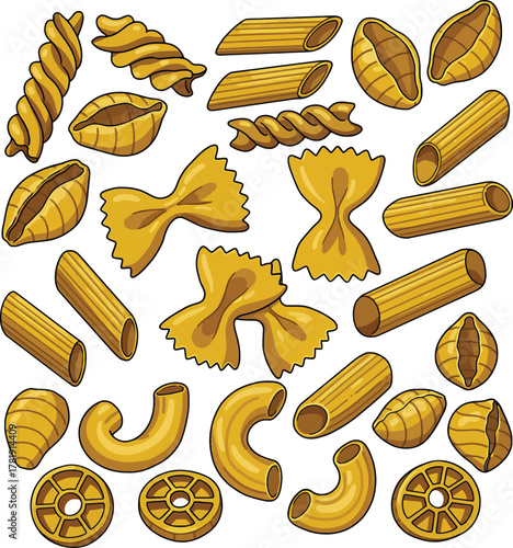 Assortment of Italian Dry Pasta Shapes on White Background Keywords: pasta, italian food, macaroni, penne, farfalle, fusilli, conchiglie, rigatoni
