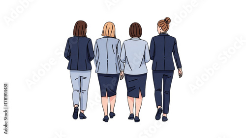 Four Professional Businesswomen Walking Forward Together, Symbolizing Teamwork and Female Empowerment