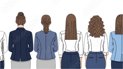 Back View of Diverse Women in Professional Attire with Various Hairstyles