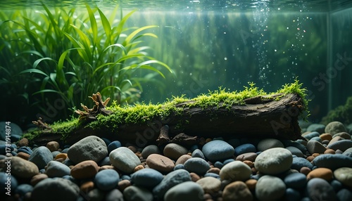 Underwater scene of river stones moss covered log and aquatic plants in clear water tank filled