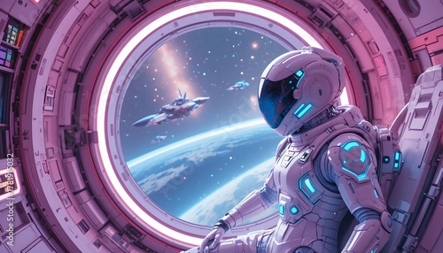 Fototapeta Naklejka Na Ścianę i Meble -  Futuristic astronaut observing distant spacecraft from space station window with a view of earth